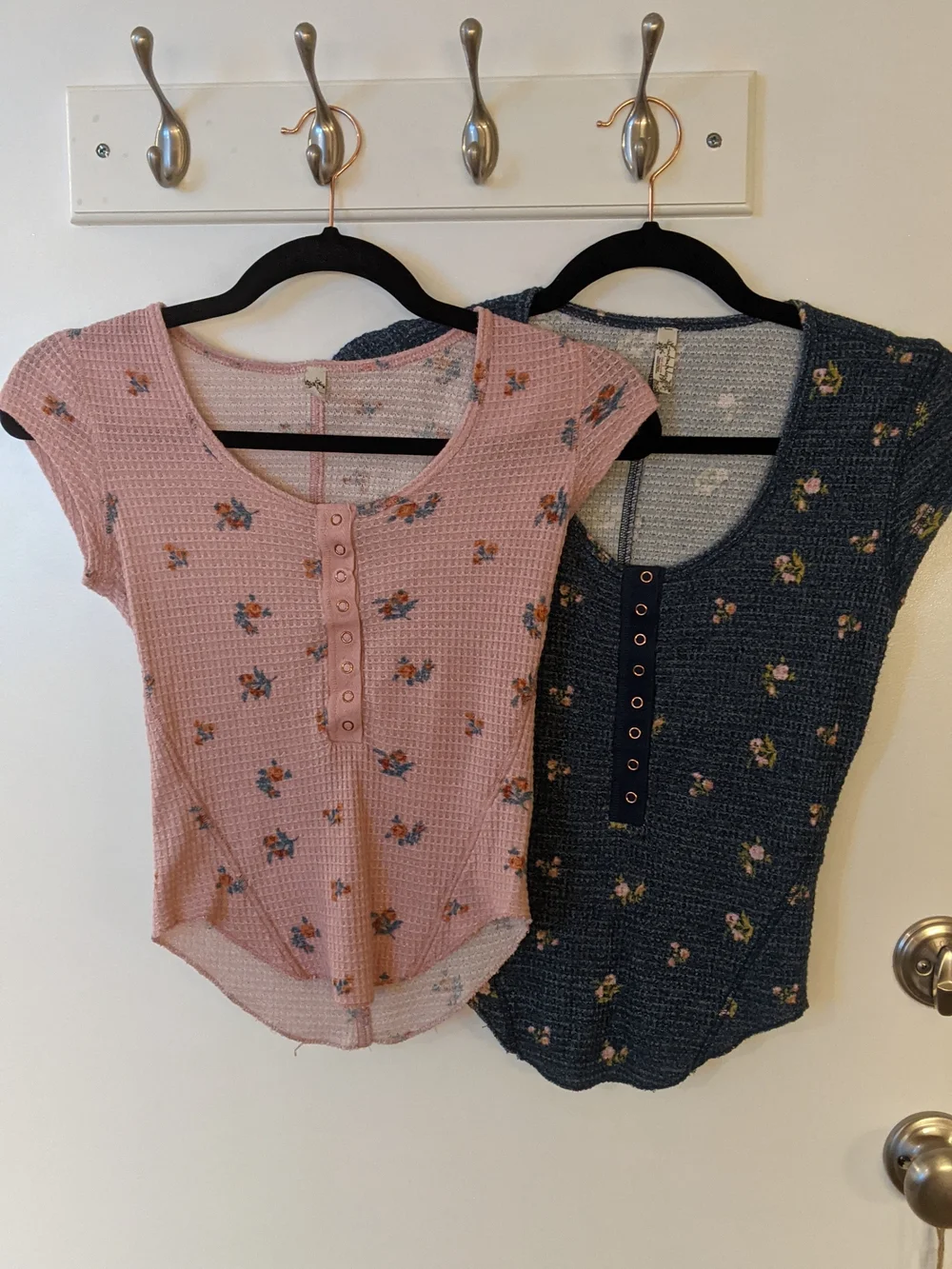 Free People Short-Sleeve Waffle Henley Tops - Pink & Navy
